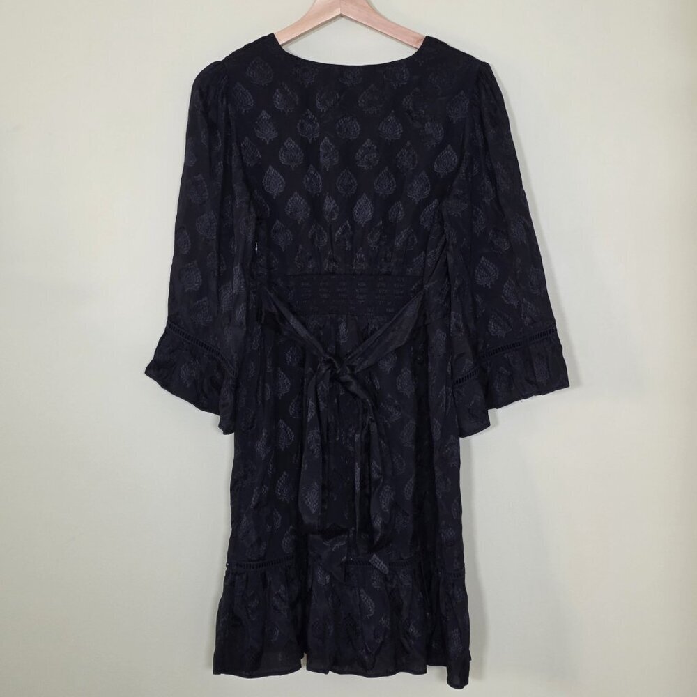 Maeve Christine Dress Women 8 Black Floral Satin Belted Eyelet Lined Whimsigoth - Picture 2 of 16